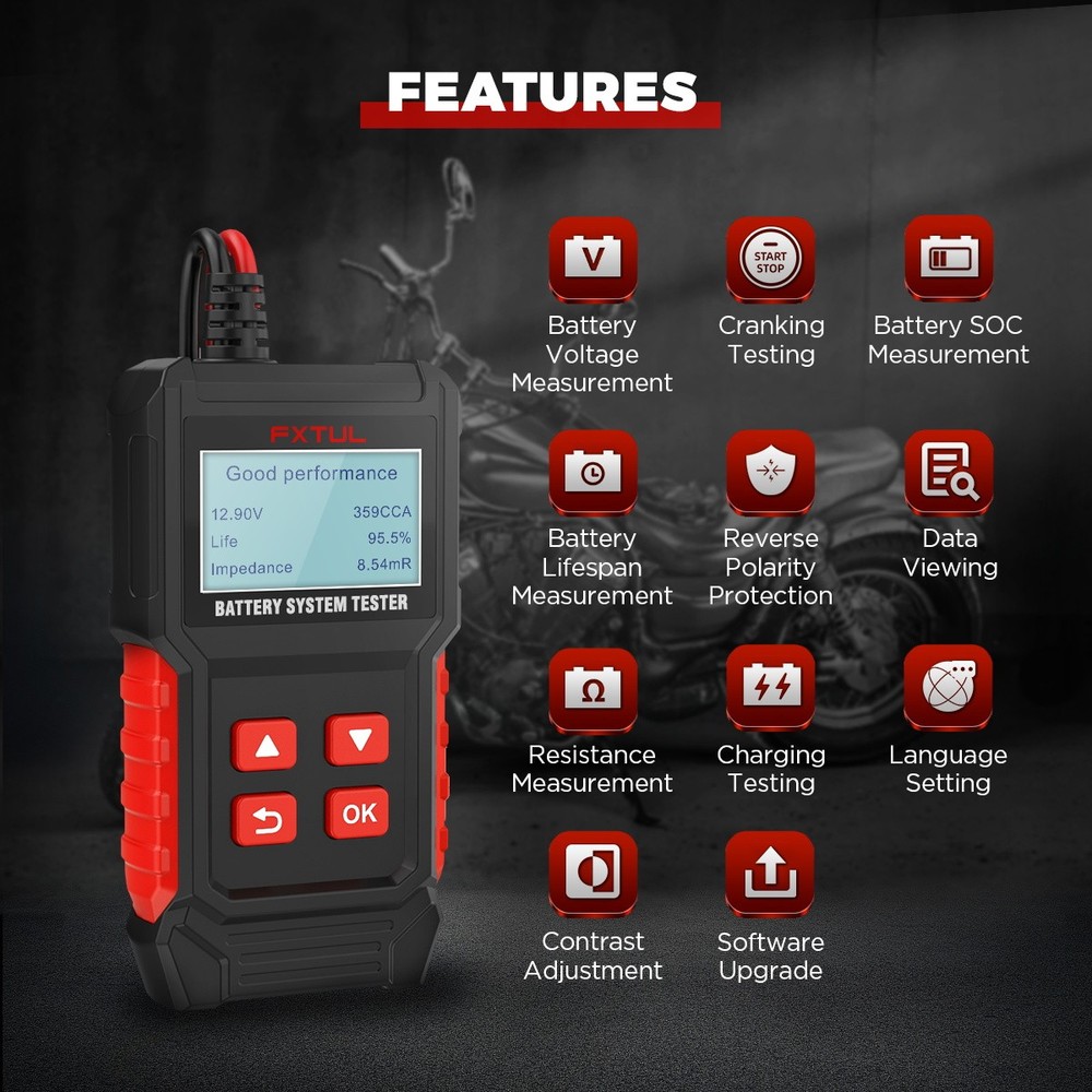 Battery System Tester Motorcycle Car Battery Diagnostic Tool CCA Test