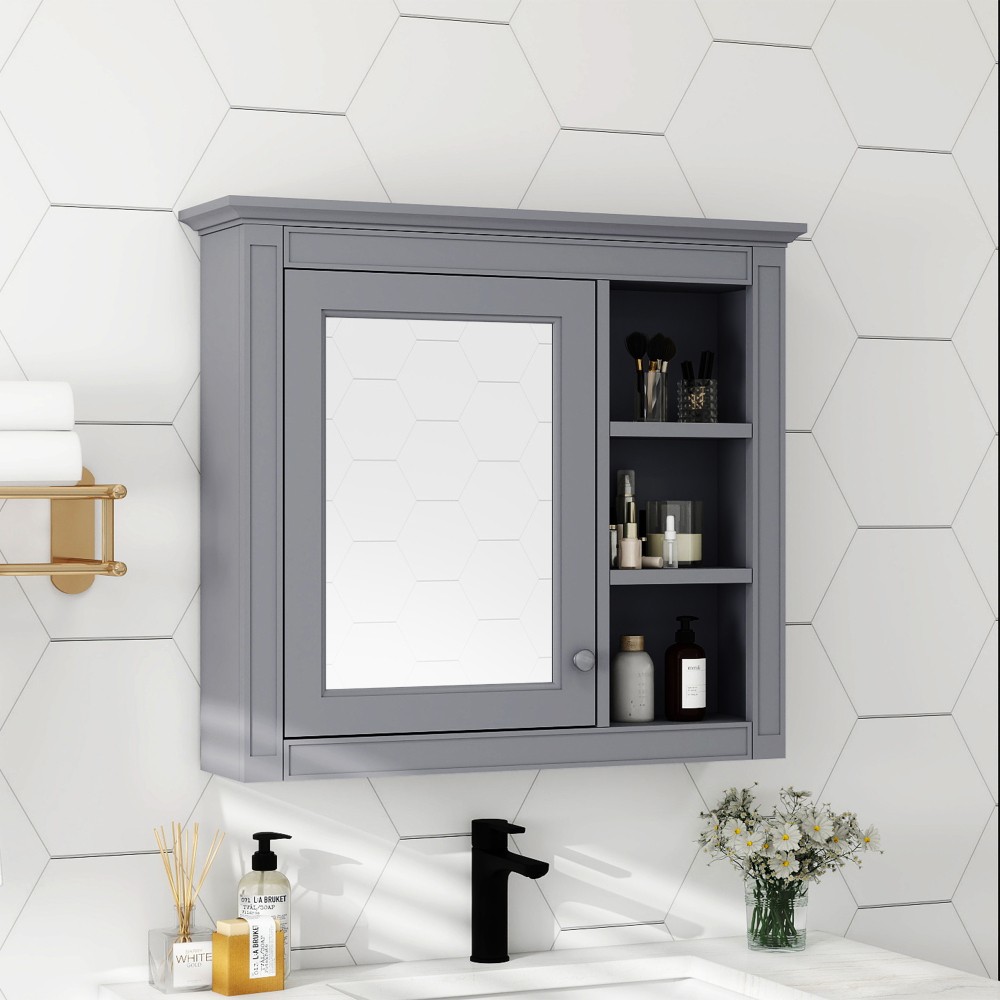 Modern Bathroom Wall Cabinet W Mirror 3 Open Shelves