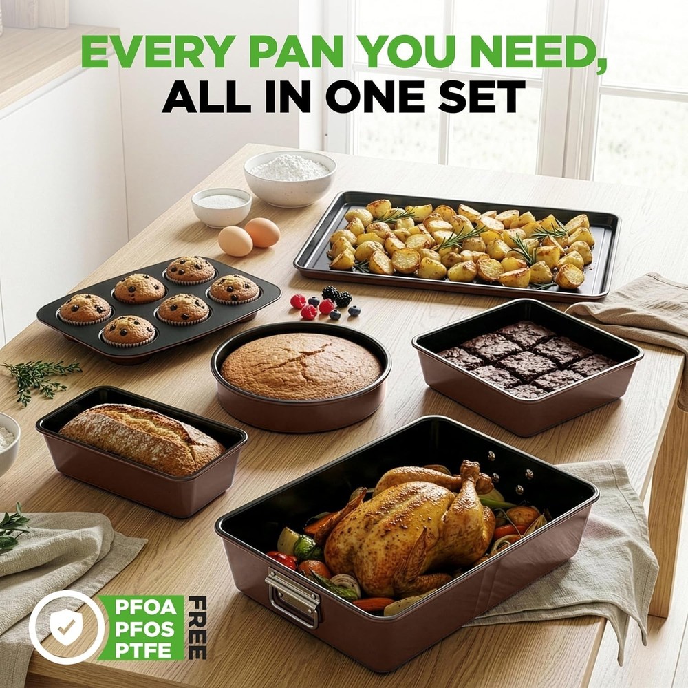 8-Piece Nonstick Stackable Bakeware Set - PFOA, PFOS, PTFE Free Baking Tray S...