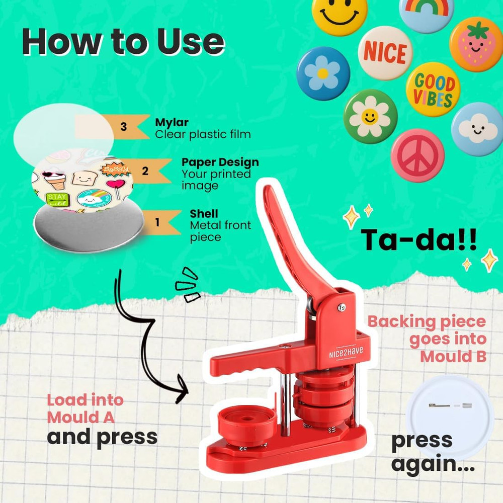 DIY Button Maker Kit - 2.25" Machine with 100 Buttons & Accessories - Red