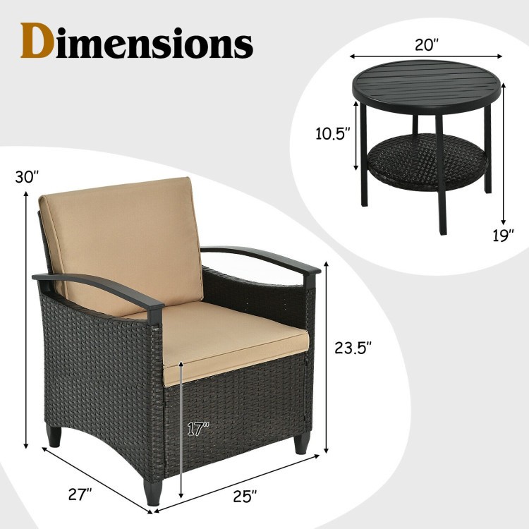 3pcs Outdoor PE Rattan Sofa Set Cushioned Sofas + Storage Table w/ Shelf