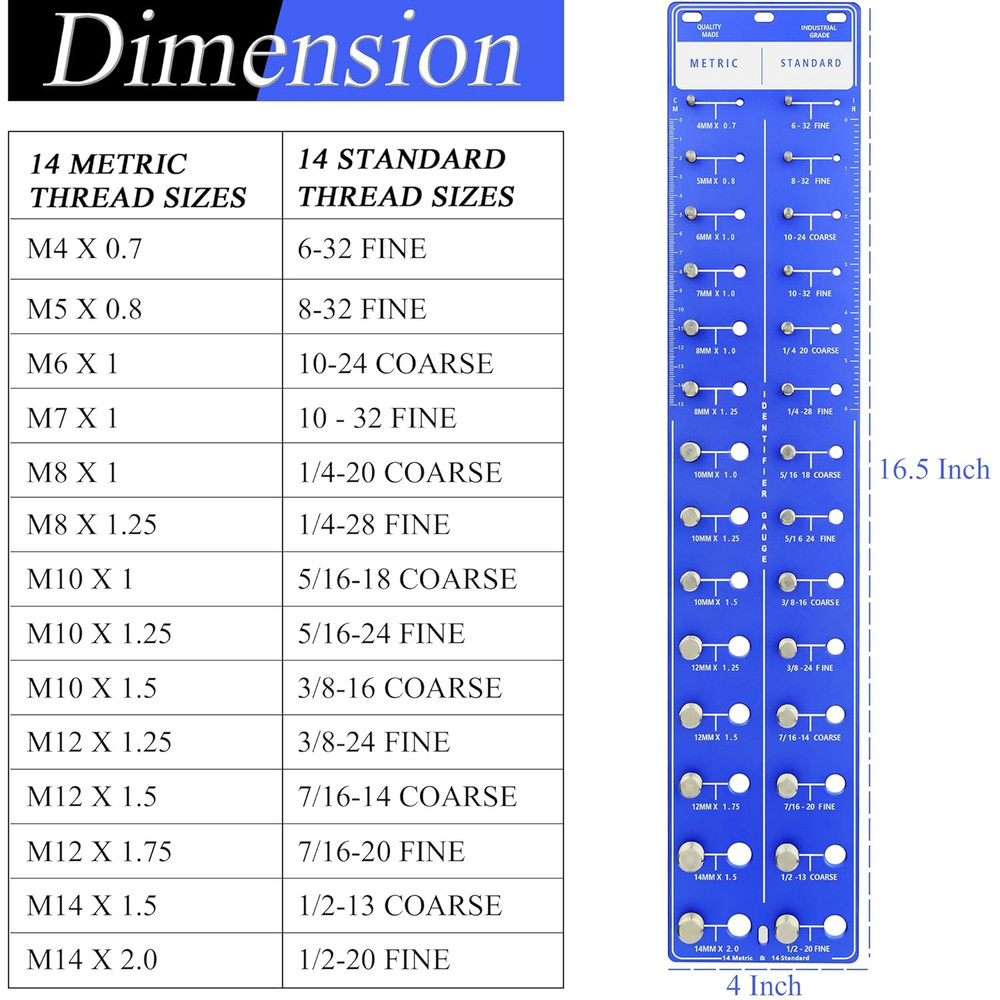 Thread Checker, 28 Nut and Bolt Thread Checker, 14 Metric & 14 Standard Sizes, B