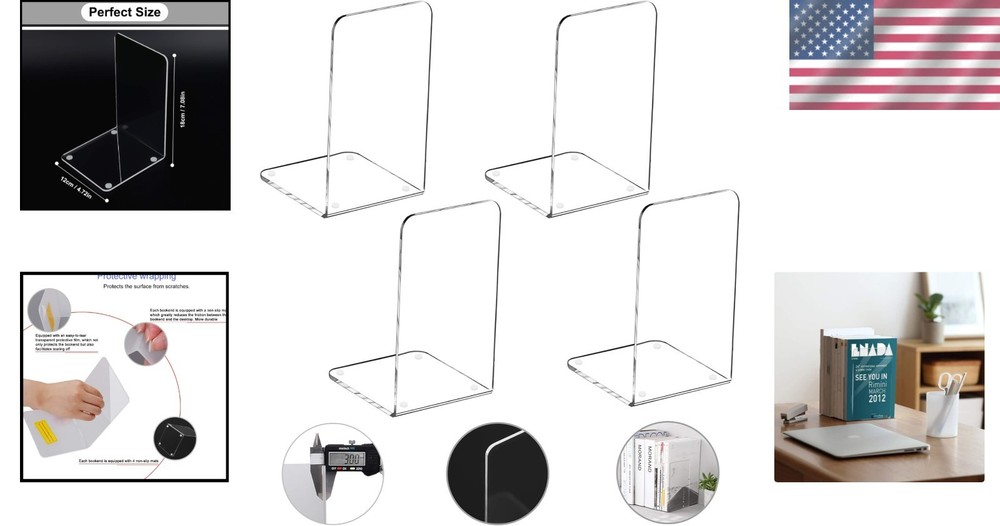 Clear Acrylic Bookends, 4-Pack for Organized Shelves
