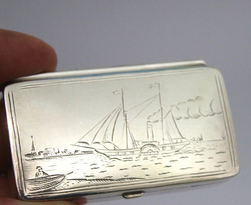 Sterling solid silver stamp box with paddle steamer engraving Elizabeth II