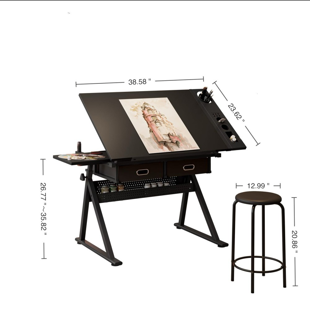 Adjustable Drafting Table with 2 Drawers & Stool for Home Office School
