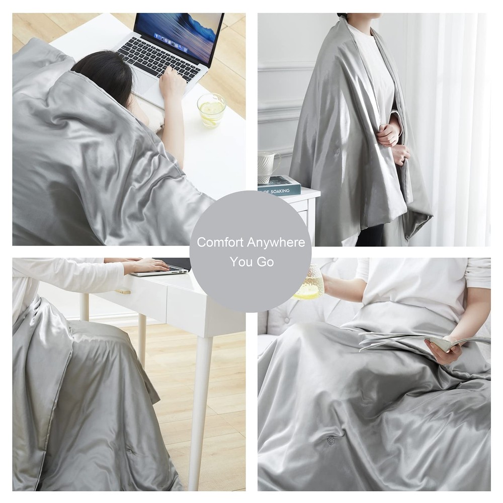 Silk Throw Blanket - Silver Grey Cooling Packable Satin Blanket for Couch, Be...