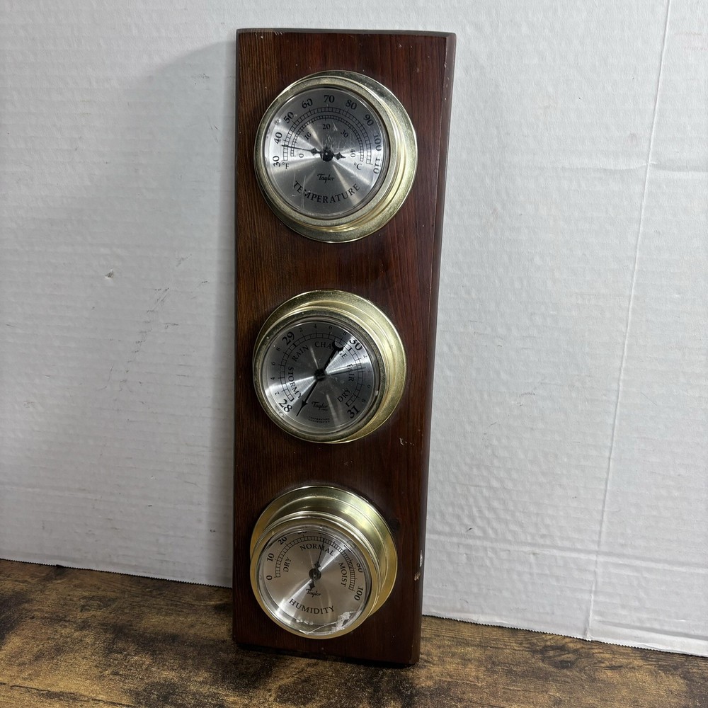 Vintage Taylor Thermometer Hygrometer Weather Station Combo On Solid Oak Panel