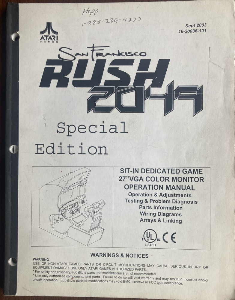 Rush 2049 Special Edition Arcade Game Manual