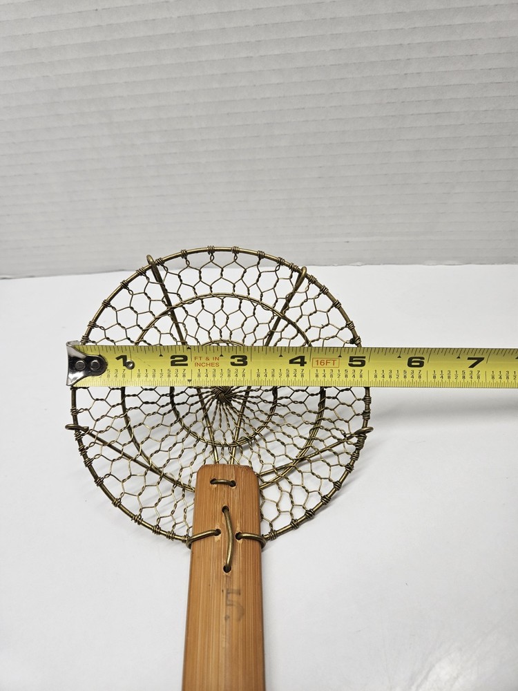 Sunrise 5" Round Brass Spider Strainer With A Bamboo Handle