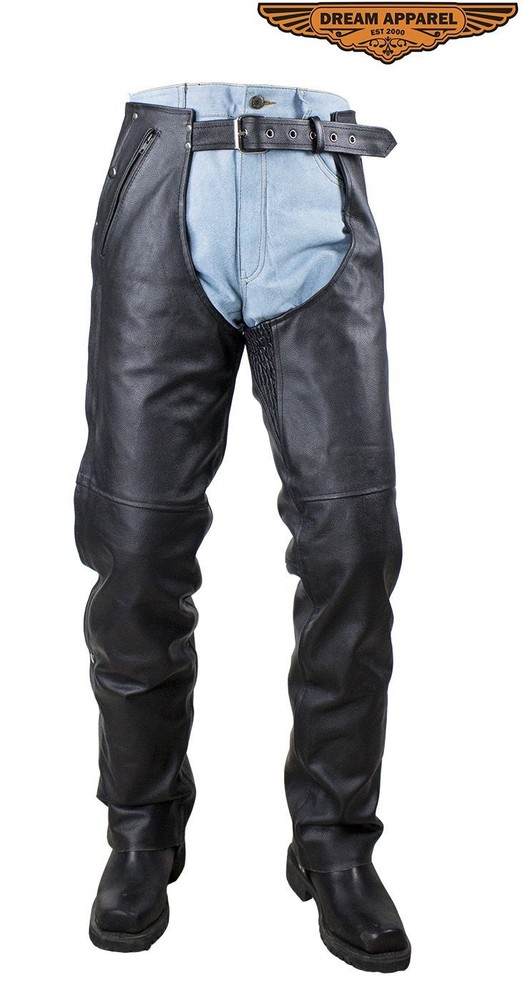 Black Cowhide Leather Men's Motorcycle Biker Multi-Pocket Mesh lining Chaps
