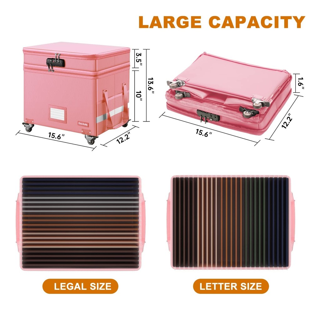 DocSafe File Box with Lock,2-Layer Fireproof Document Box with Wheels,Collaps...