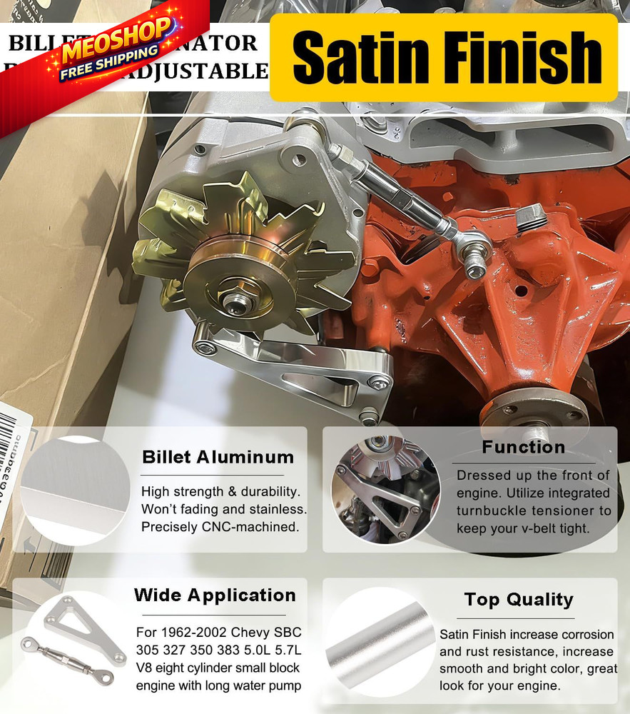 Billet Alternator Bracket Adjustable Kit Fits for Chevy SBC 305 327 Silver