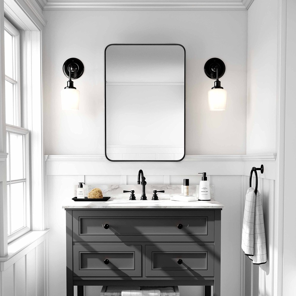 Wall Mount Mirror for Bathroom, Brush Black Metal Framed Rounded Corner Recta...