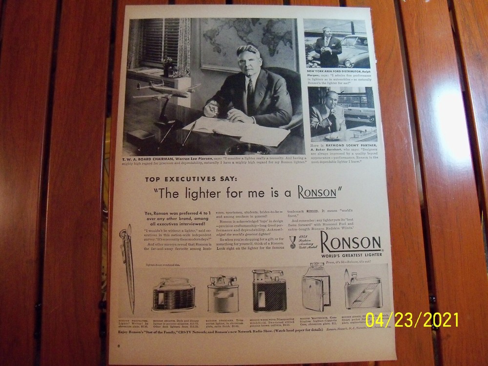 1954 Ronson World's Greatest Lighter cigarette lighter magazine ad