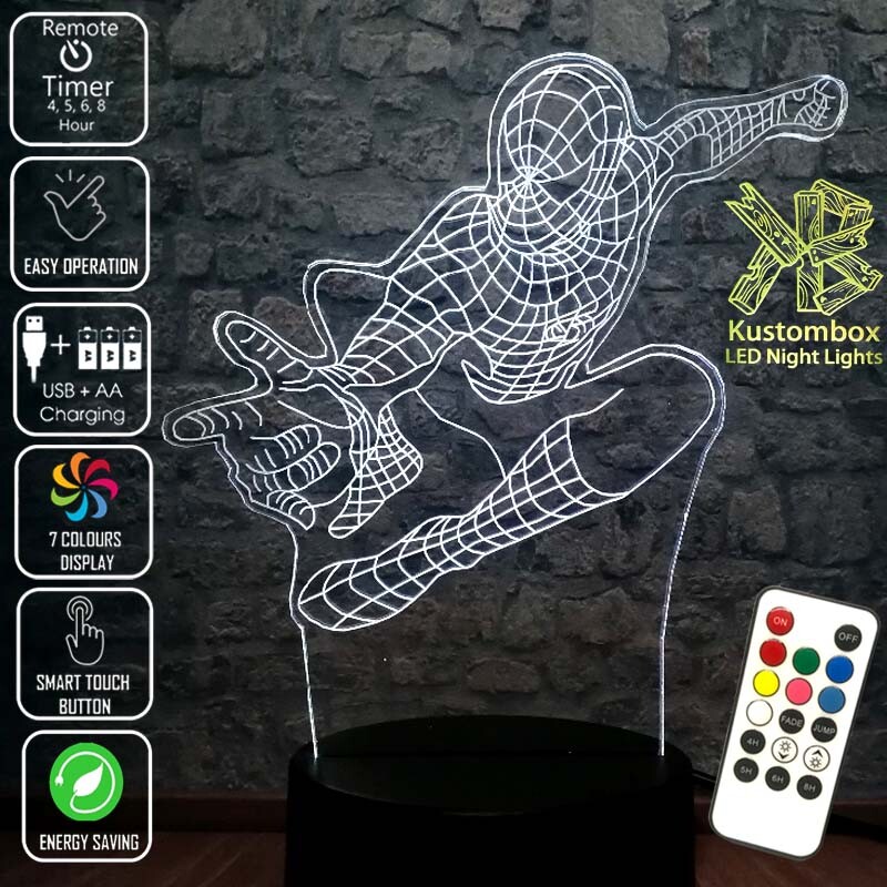 SPIDERMAN AVENGERS WEB PERSONALISED NAME USB LED NIGHT LIGHT 7 COLOUR REMOTE