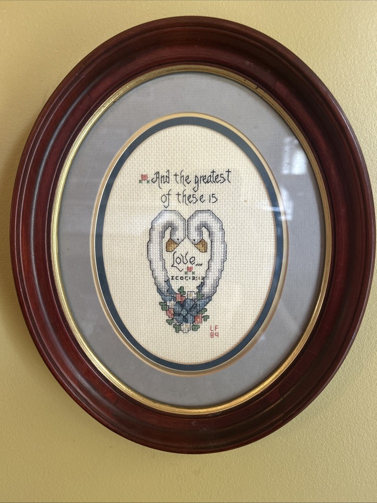 Vintage Handcrafted Cross Stitch Scripture Oval Frame