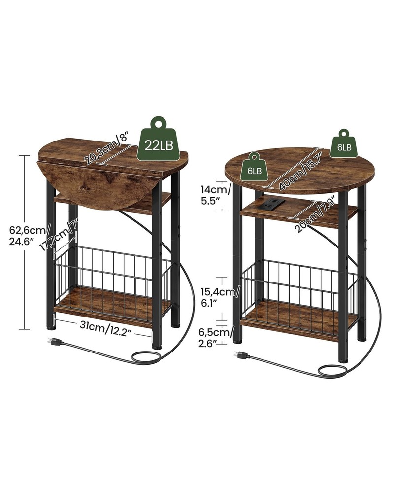 Folding Side Table with Charging Station, 3-Tier Narrow End Table with Foldin...