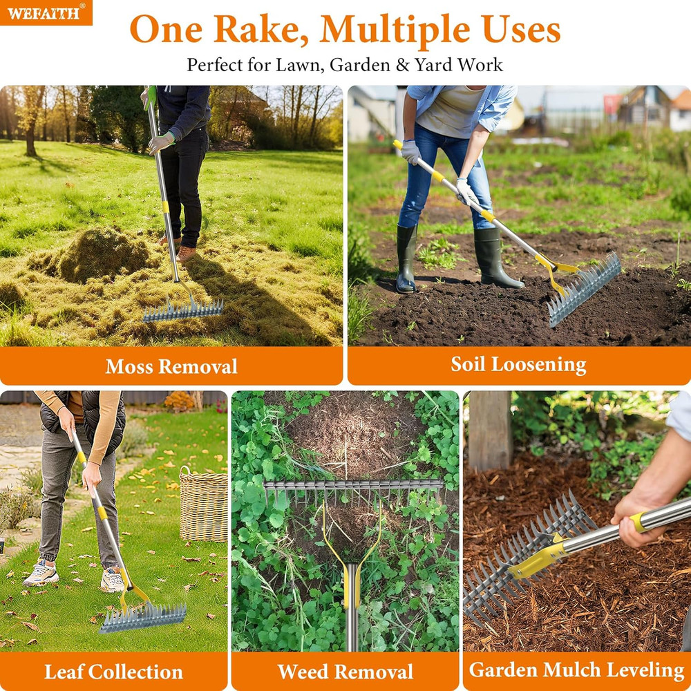 Professional Manual Thatch Rake - Heavy Duty Lawn Dethatcher with Long Handle