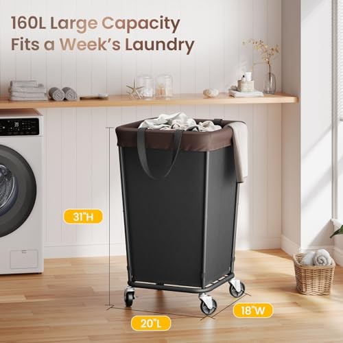 Laundry Basket with Wheels, 2-section Rolling Laundry 160L 2 Section-Black