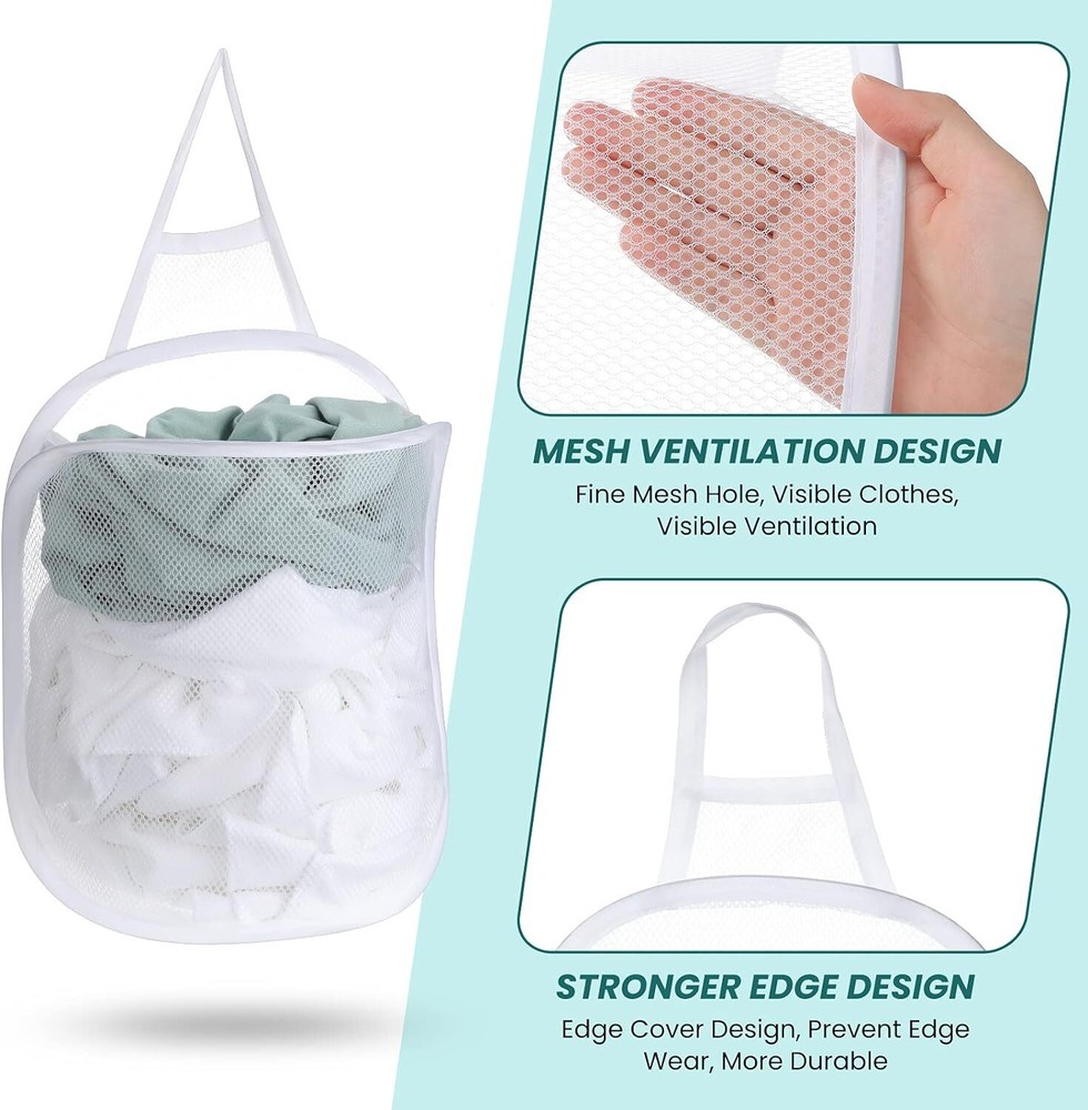 3 Pieces Hanging Laundry Hamper Bag to Hang Foldable Mesh White