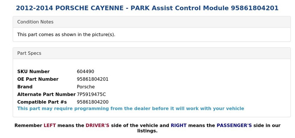 2012-2014 PORSCHE CAYENNE - PARK Assist Control Module 95861804201
