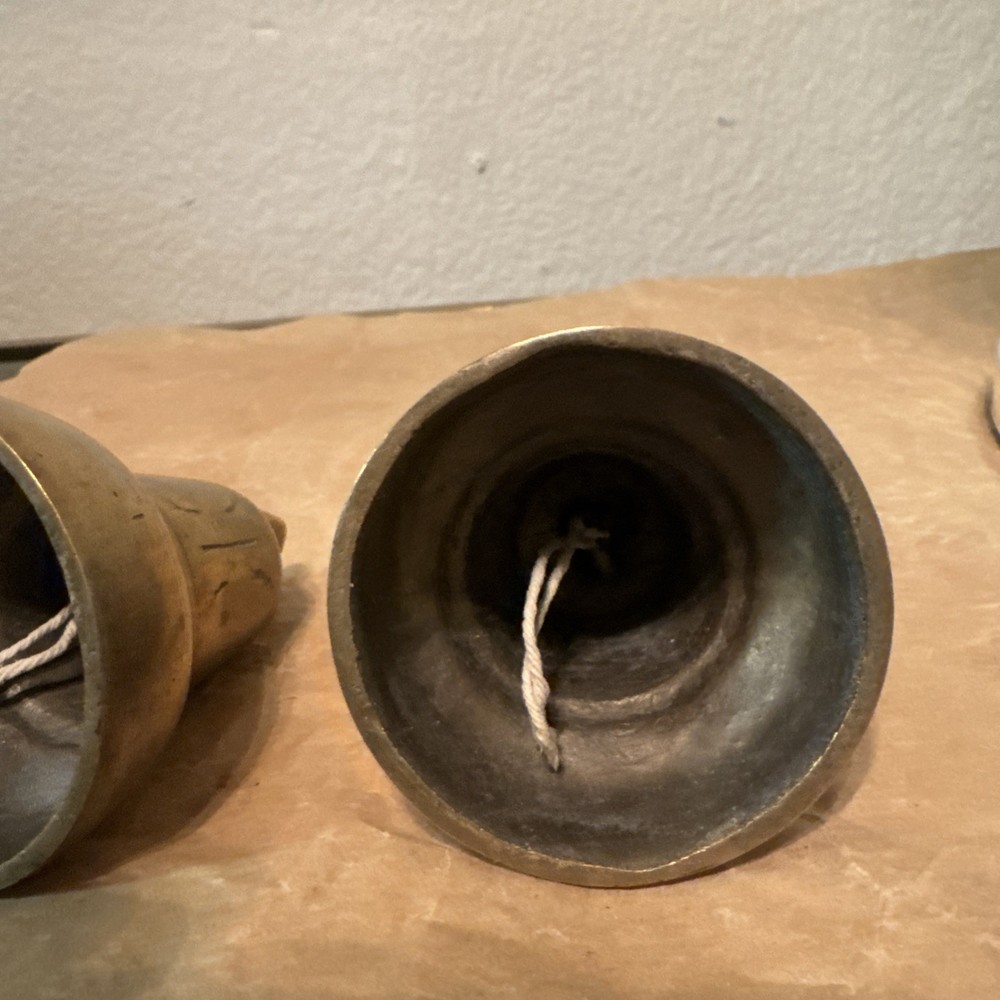 Vintage Brass bells with etchings x 2. Both missing clappers