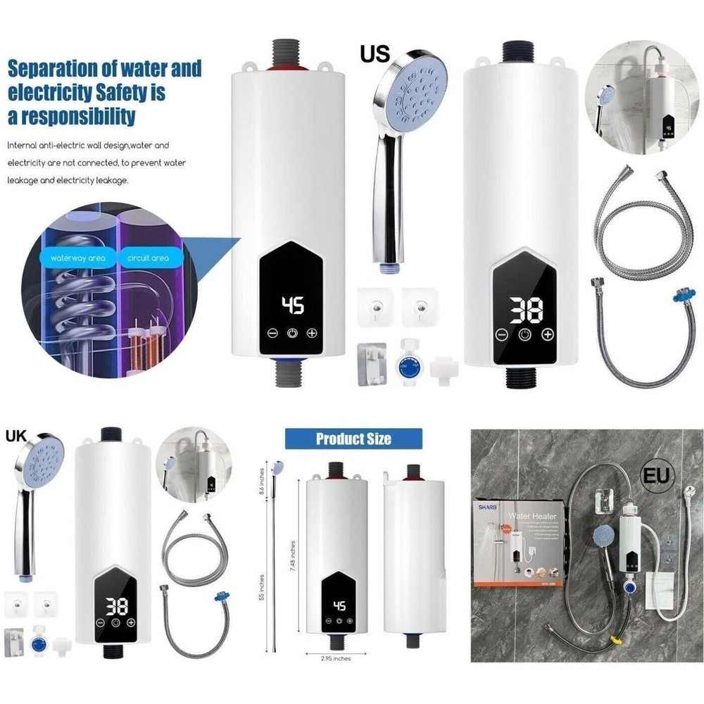 3500W Tankless Hot Water Heater Shower Electric Instant Water Heater Bathroom