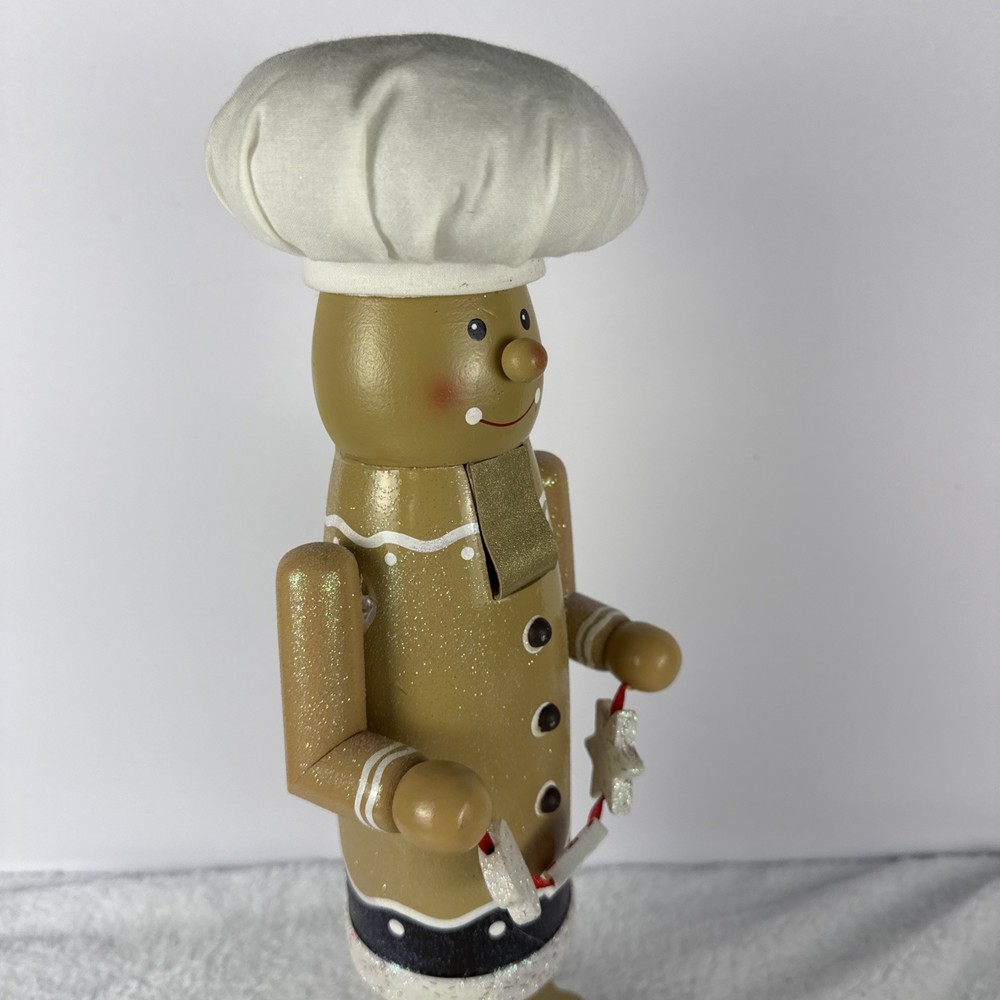 Gingerbread Man Christmas Nutcracker, Wooden With Fabric Cap 14”