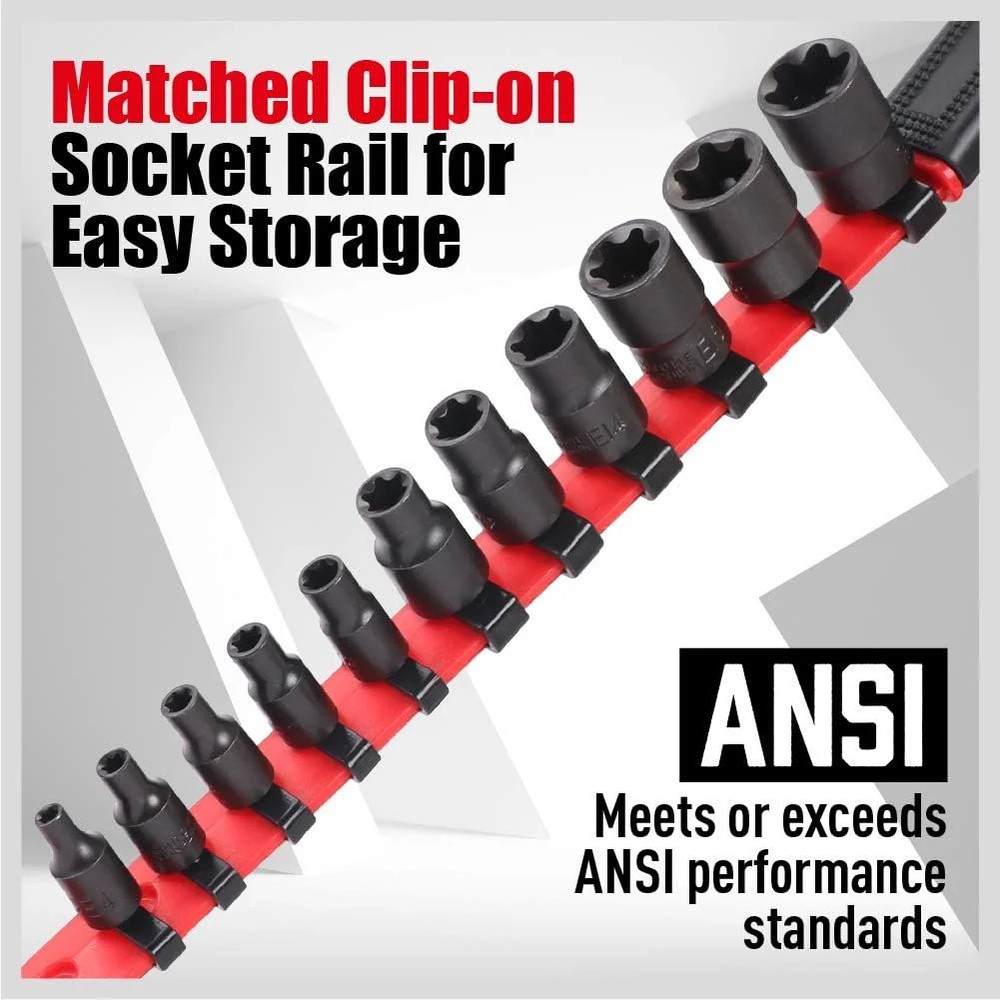 SEDY 11-Piece E-Torx Socket Set - Star Sockets Set with Socket Rail, External To