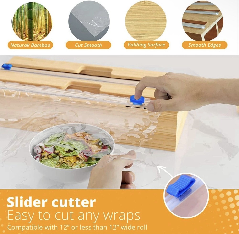 Compact Bamboo Wrap Organizer with Cutters – Holds 3 Wrap Types for Drawer