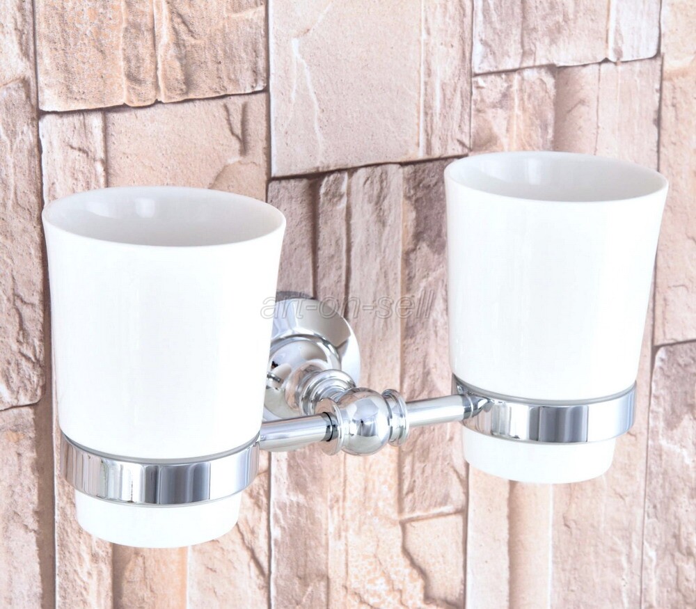 Toothbrush Holder Double Wall Mount Ceramic Cup Accessory Chrome Finish aba798