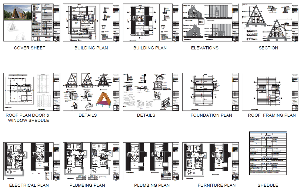 35’x51’ 3 Beds, 2 Baths Charming A-Frame Architectural Build Plans PDF Download.