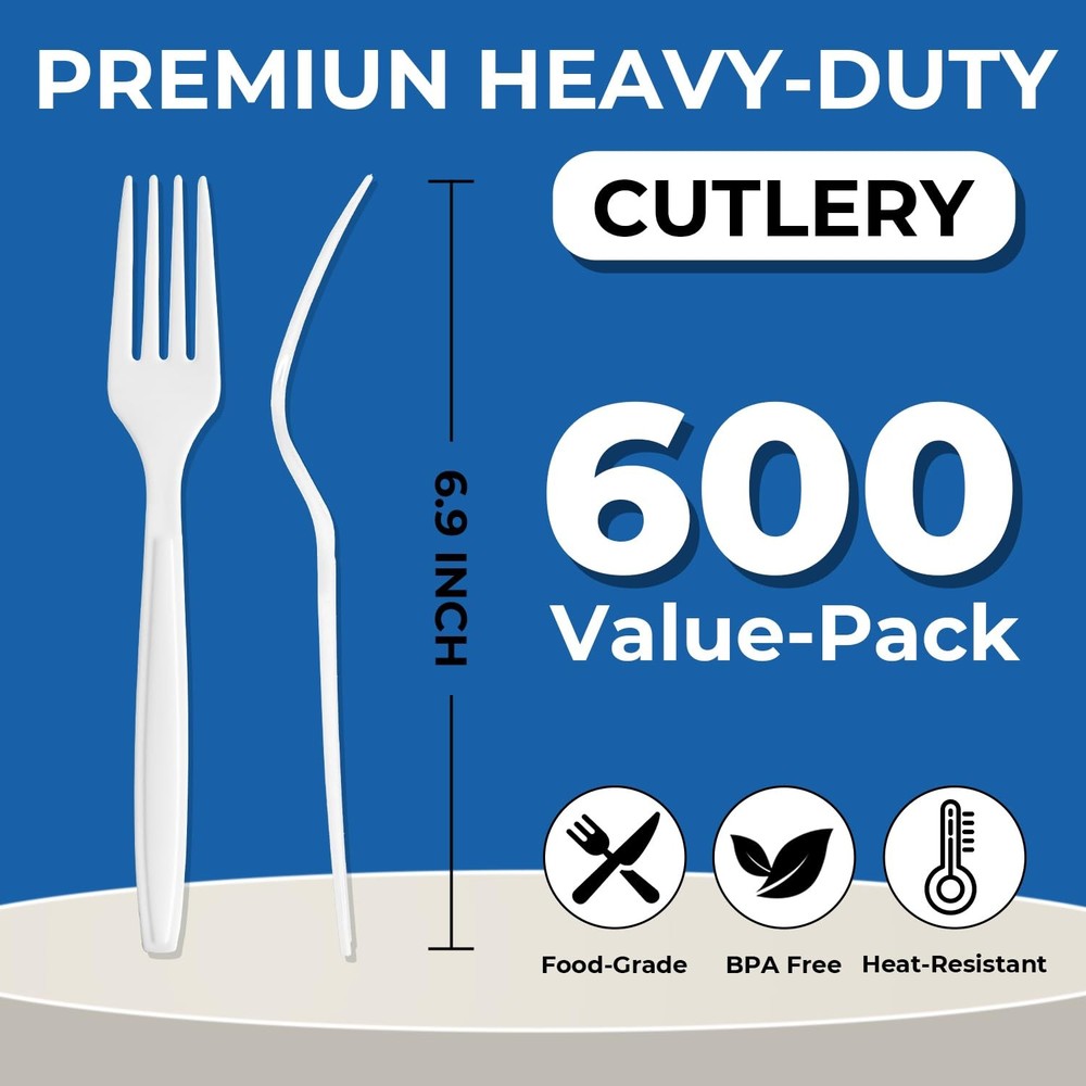 600Pack Disposable Plastic Forks Bulk White Heavy Duty Silverware - Value Pac...