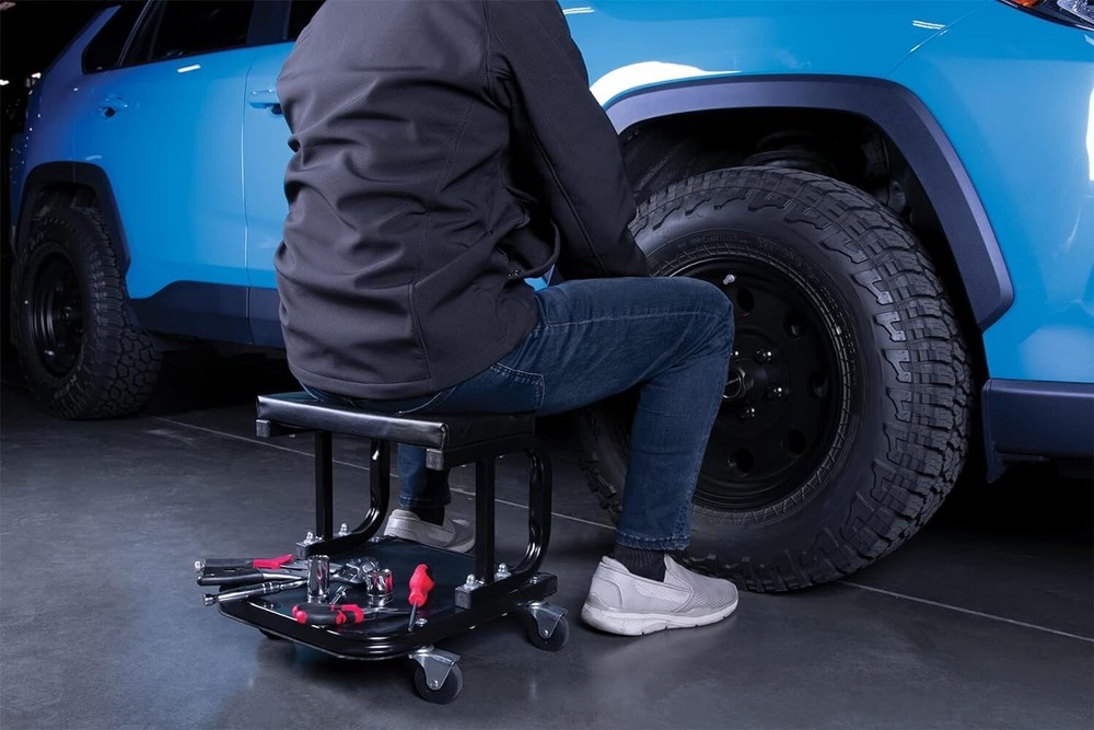 Efficient Rolling Work Seat for Mechanics - Shielded Casters & Padded Cushion