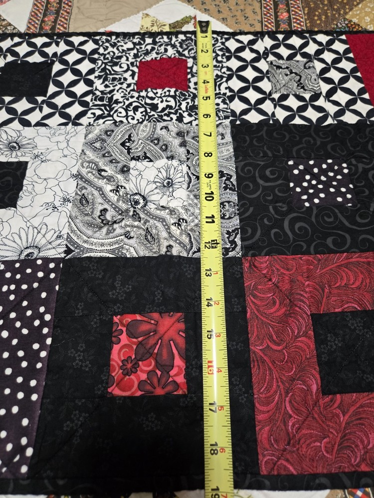 Handmade Quilted Patchwork Table Runner Black Red White Hearts 59x17"
