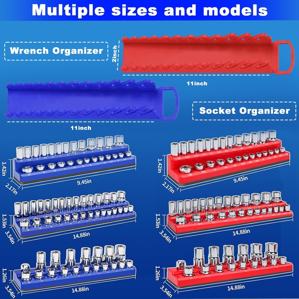 Magnetic Socket Organizer Set - SAE & Metric, 8 Pcs Tool Box Organizer
