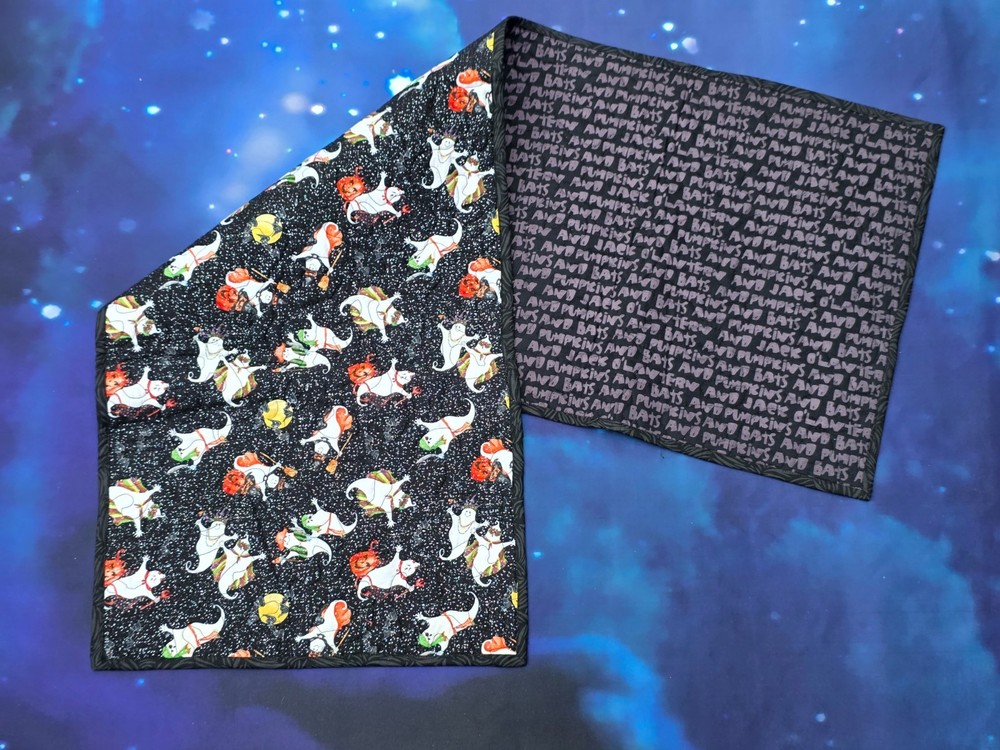 Handmade  quilted Halloween Table Runner Ghosts pumpkins glitter Bats Black
