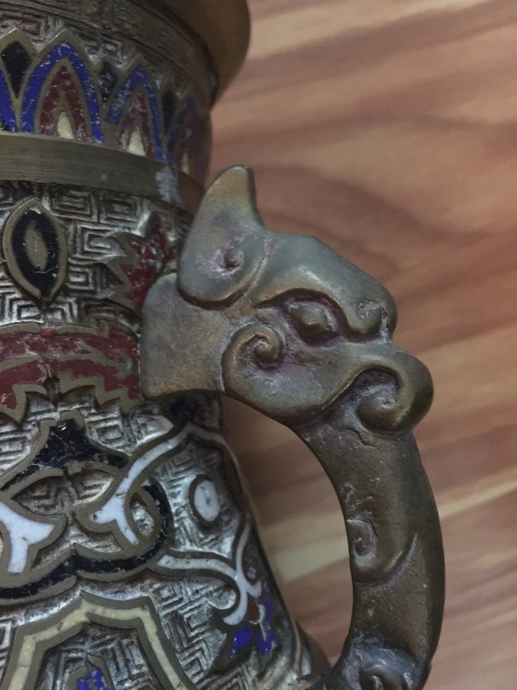 Antique Cloisonne Bronze Dragon Ear Jar