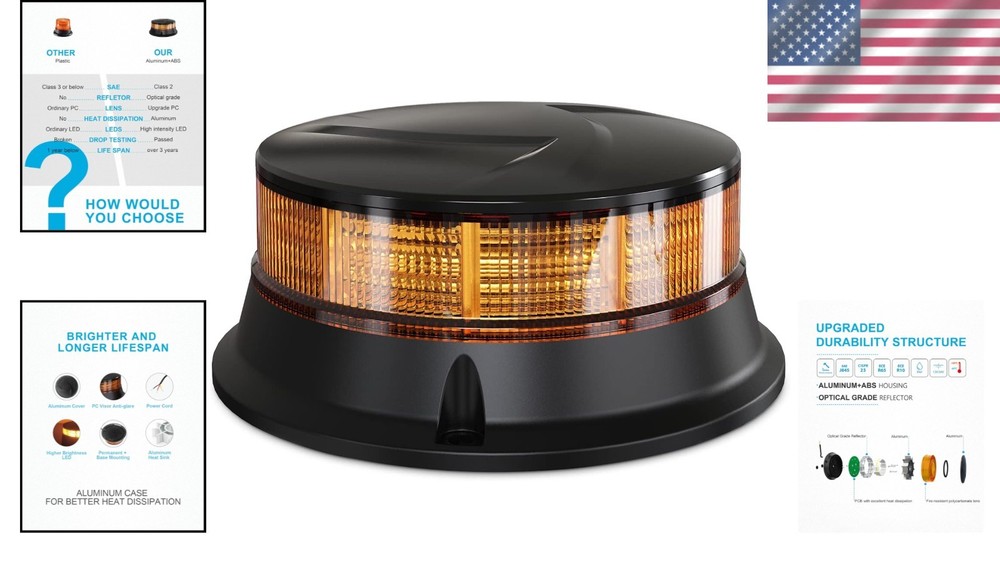 Professional Amber Beacon Light 4.2" LED Flash 50K Hrs Waterproof Screw Mount