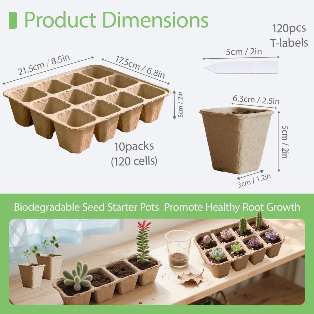 10-Pack Seed Starter Trays – Peat Pots for Seedlings, 120 Biodegradable Seed S