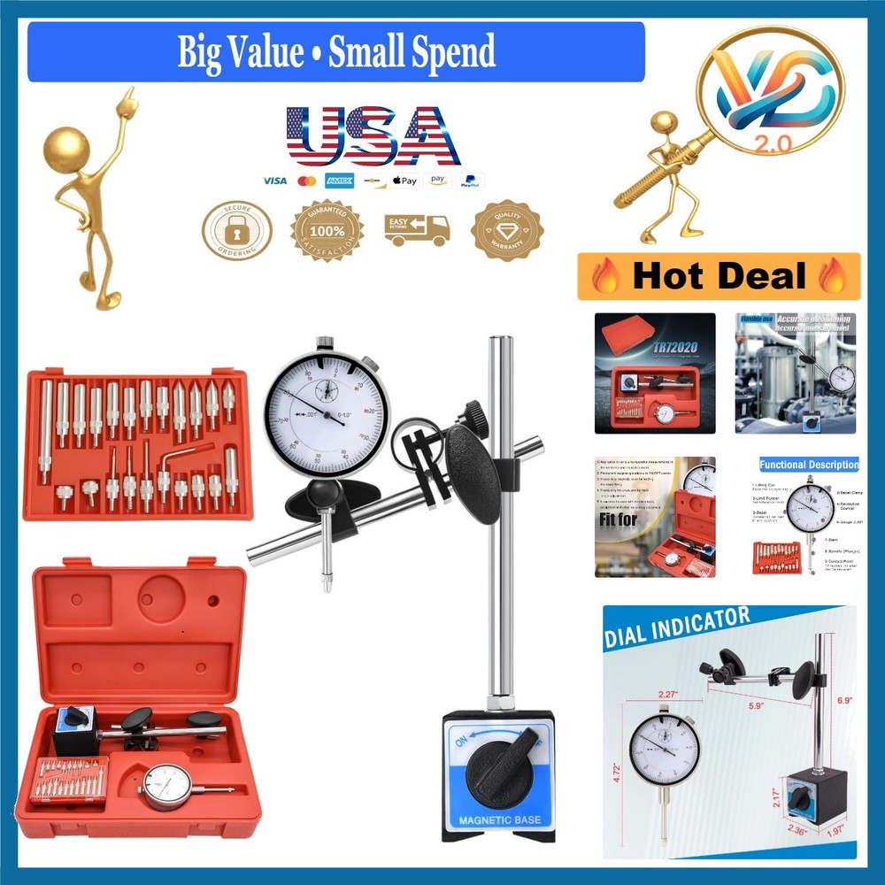 Professional Dial Indicator Set with Magnetic Base 0-1" .001" Range