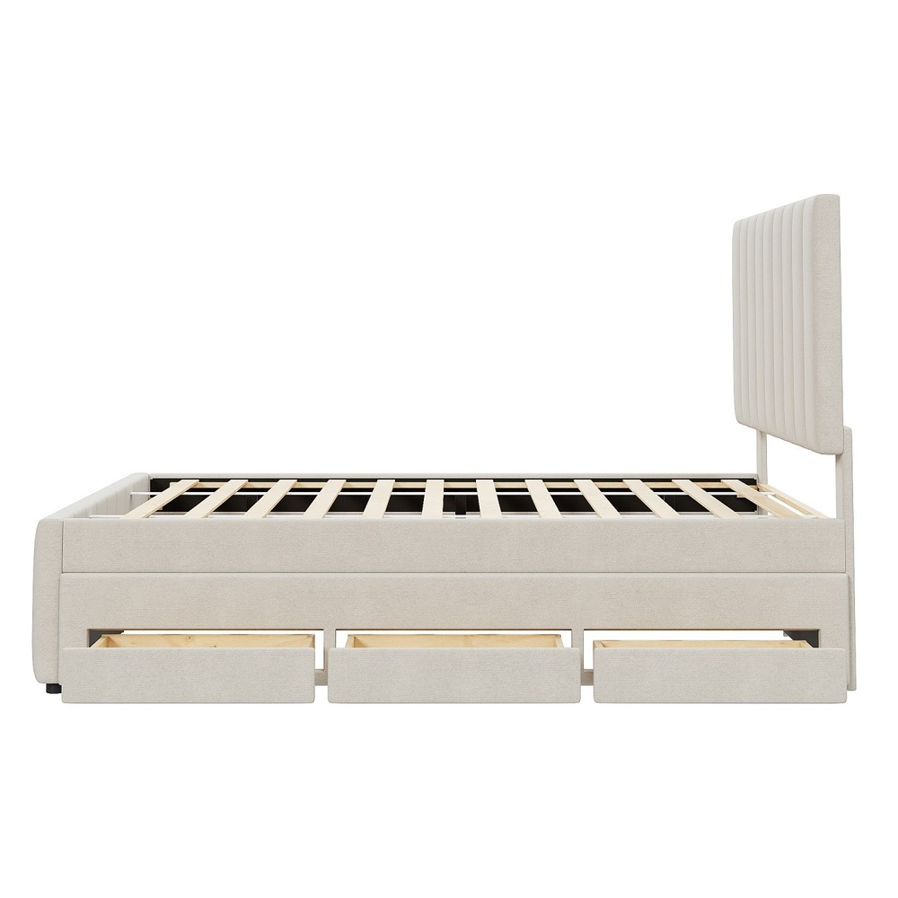 Full Size Bed Frame Linen Upholstered Platform Bed w/ Trundle Bed & 3 Drawer