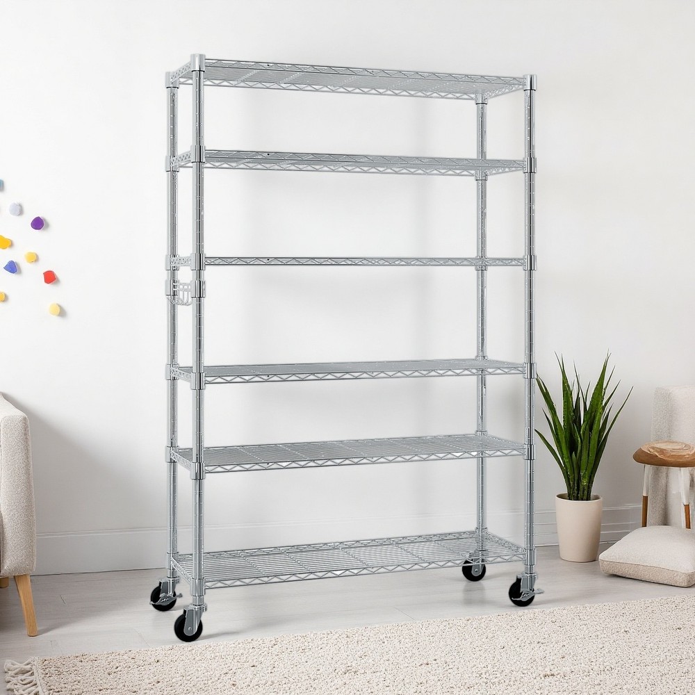 6-Tier Rolling Wire Shelving Unit - Heavy Duty, Adjustable, Hooks & Silver