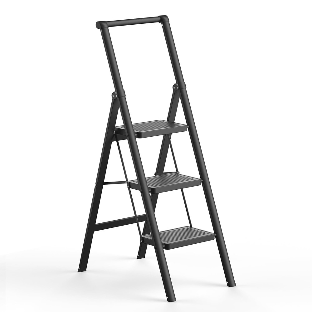 3 Step Ladder, Slim Folding Steps Stool with Handrail, Iron Foldable Black La...