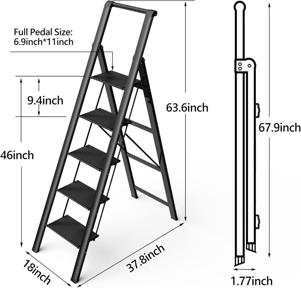 5 Step Ladder, Folding Stool, Portable Iron Foldable Black 5 step,