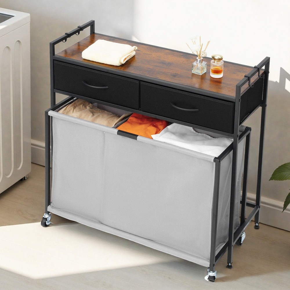 3-Section 29.4Gal Rolling Cabinet with Laundry Bins, Wall-Mount Ready