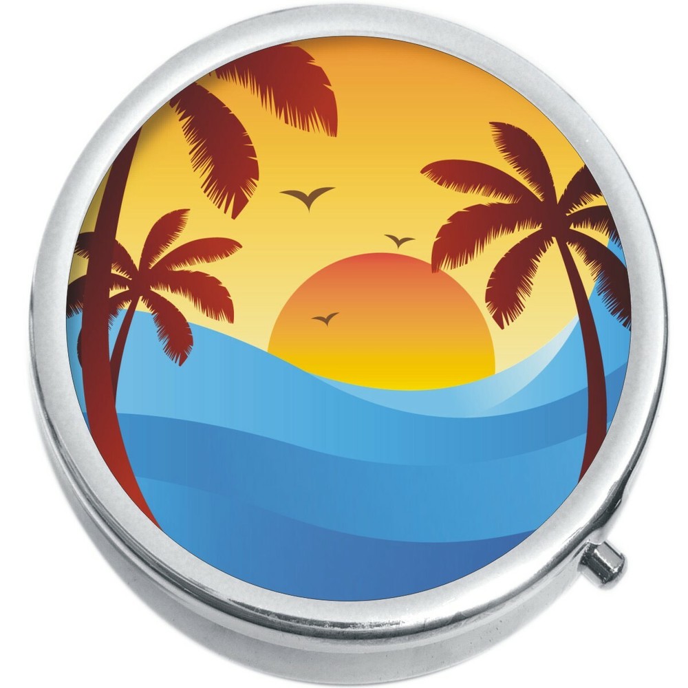 Sunset Over Waves Palm Trees  Medicine Pill Box