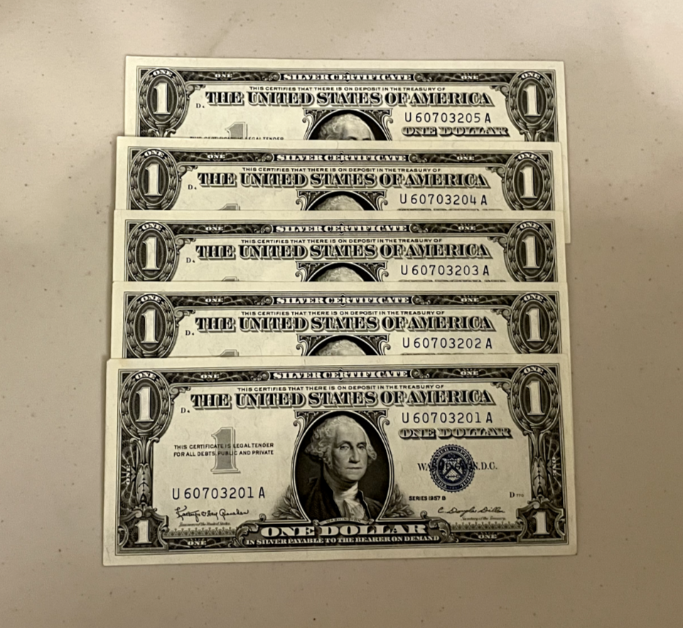 Consecutive 1957 One Dollar Blue Seal Note Silver Certificate Bill $1 Sequential
