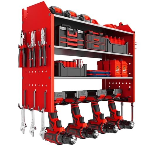 Power Tool Organizer Wall Mount with Charging Station, 4 Layers Garage Storage