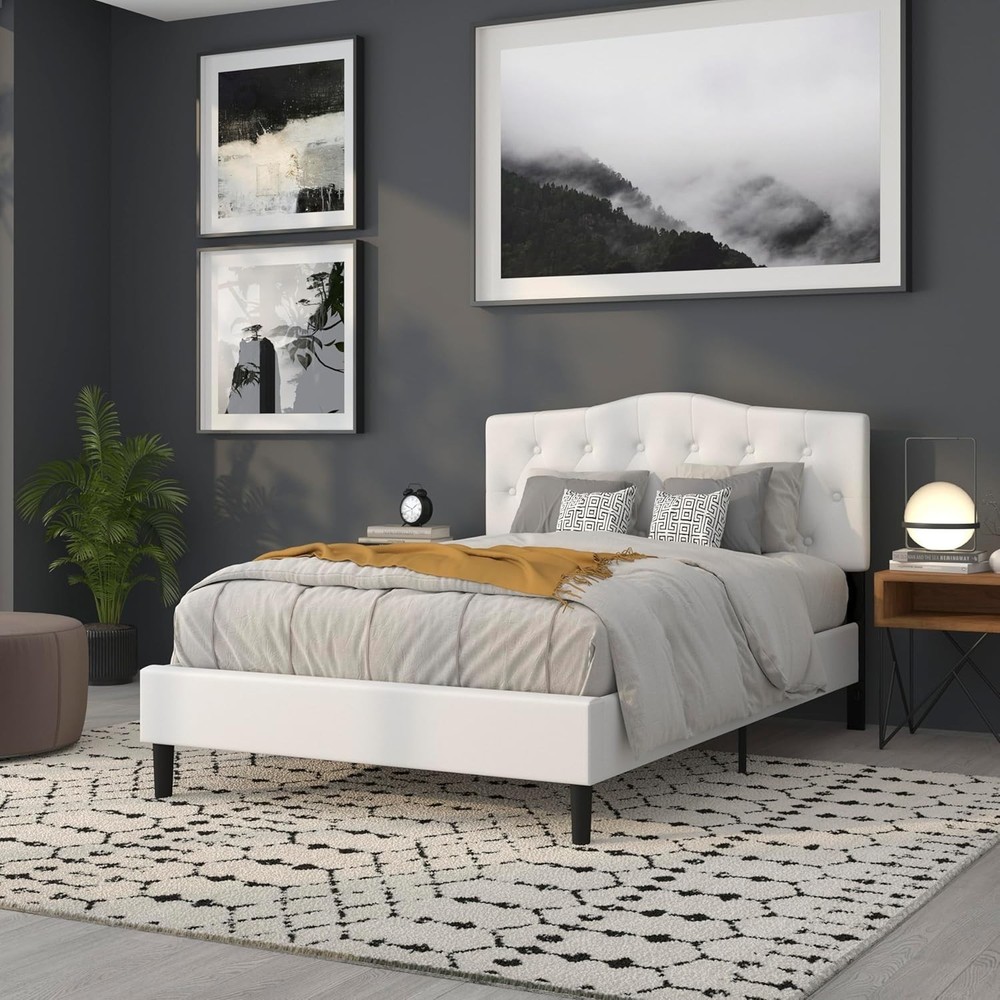 Tufted Upholstered Full Size Headboard in White Fabric